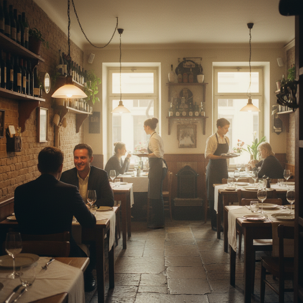 Warm restaurant dining room at evening service, tables set for guests